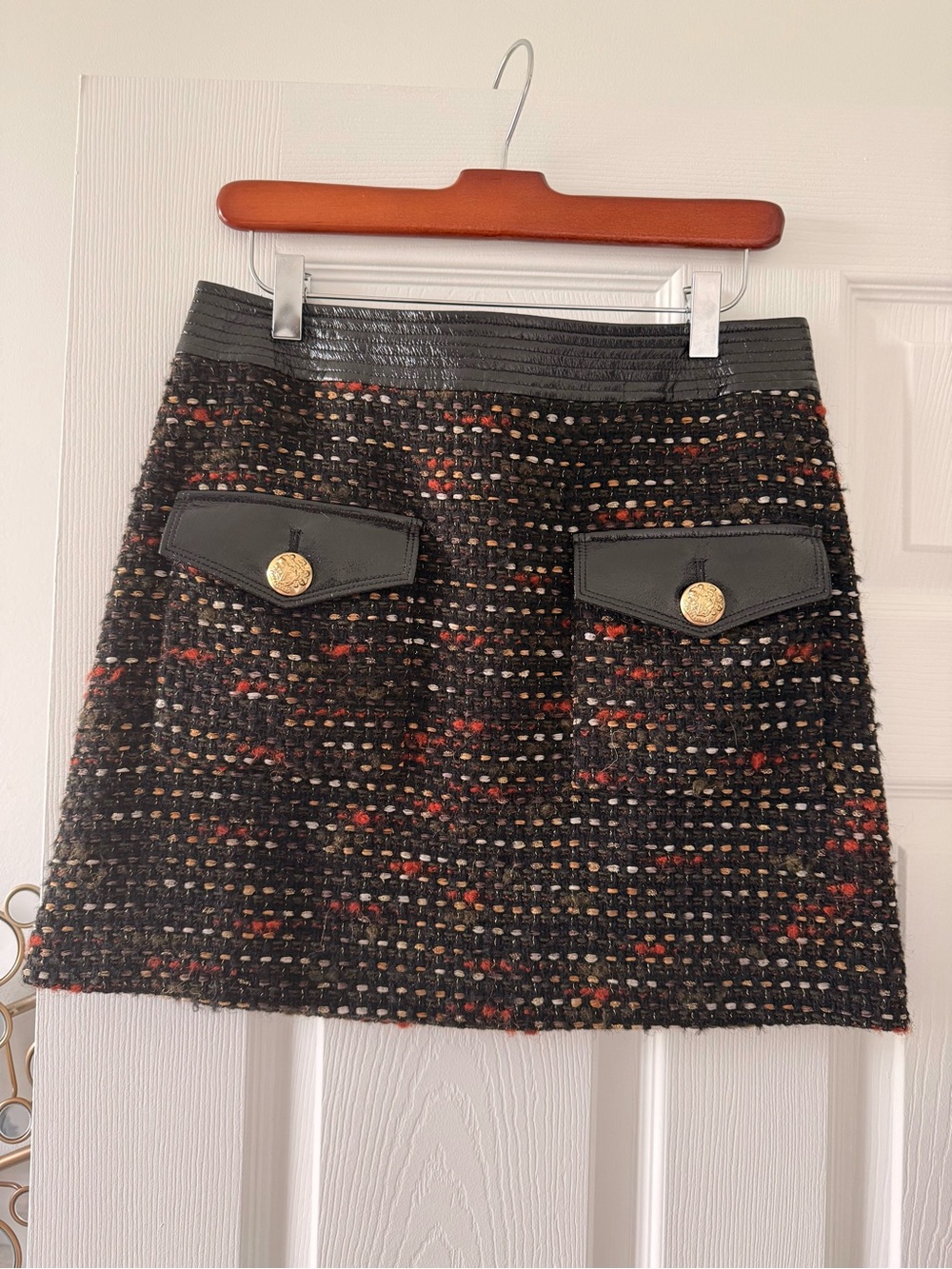 Veronica Beard Black Tweed Mini Skirt with Leather Trim & Gold Buttons